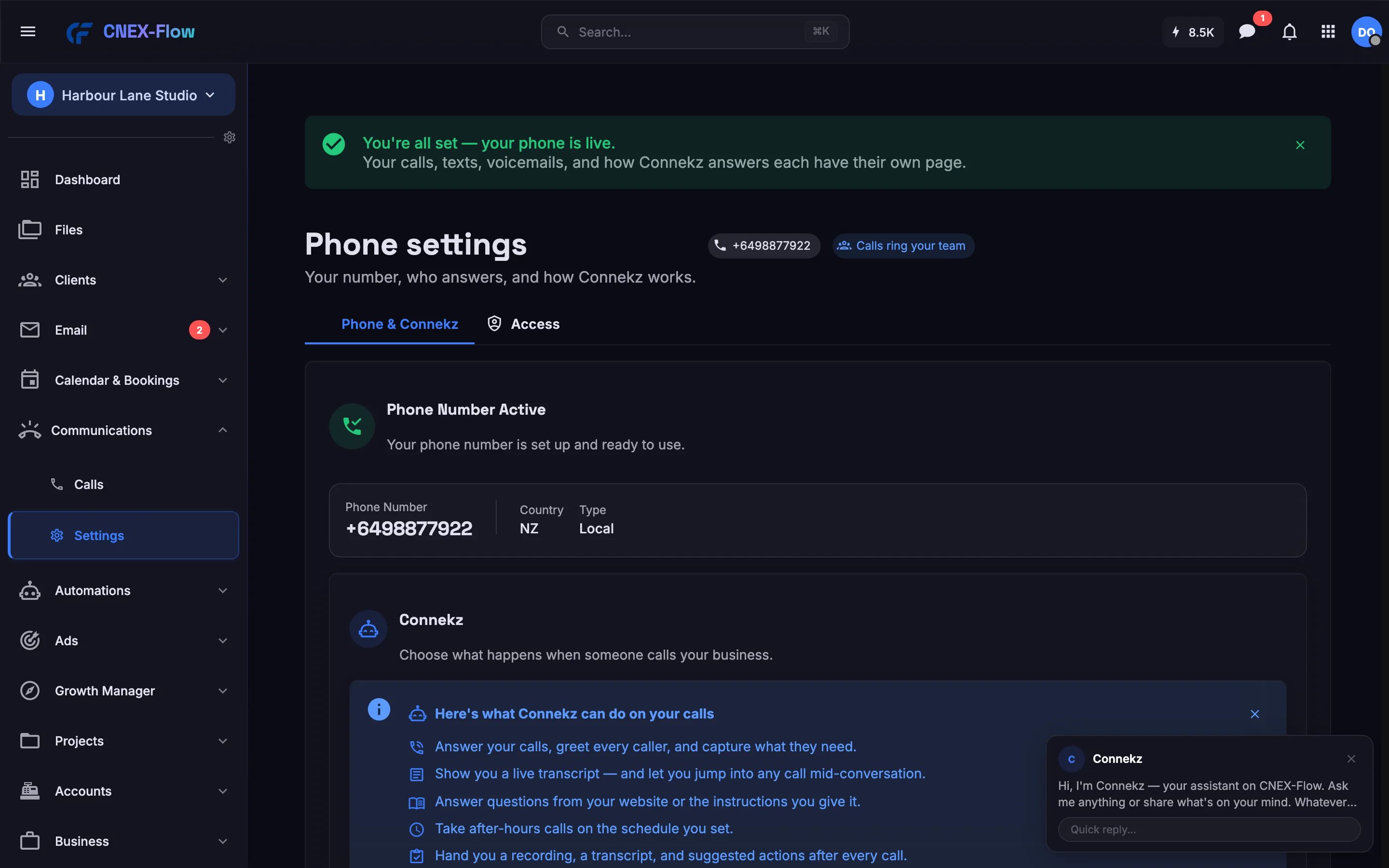 Phone settings with Connekz set to answer calls, and what it can do on a call